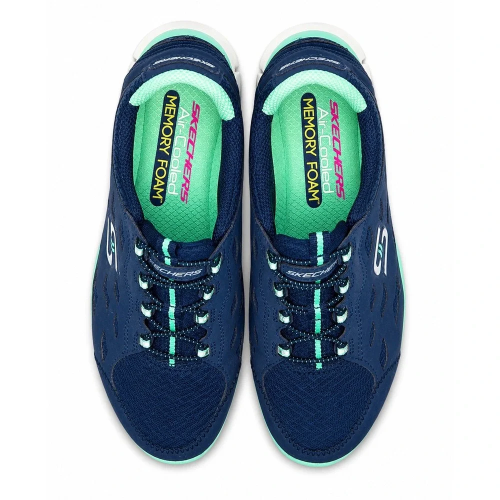 Skechers Air Cooled Memory Foam Women's 6 Navy Mint Slip In Walking Shoes 22604